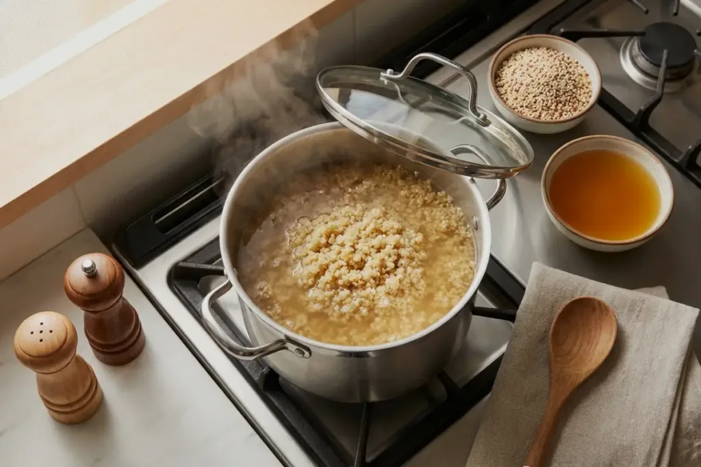 Simmering quinoa in a pot with broth on the stove, lid slightly ajar
