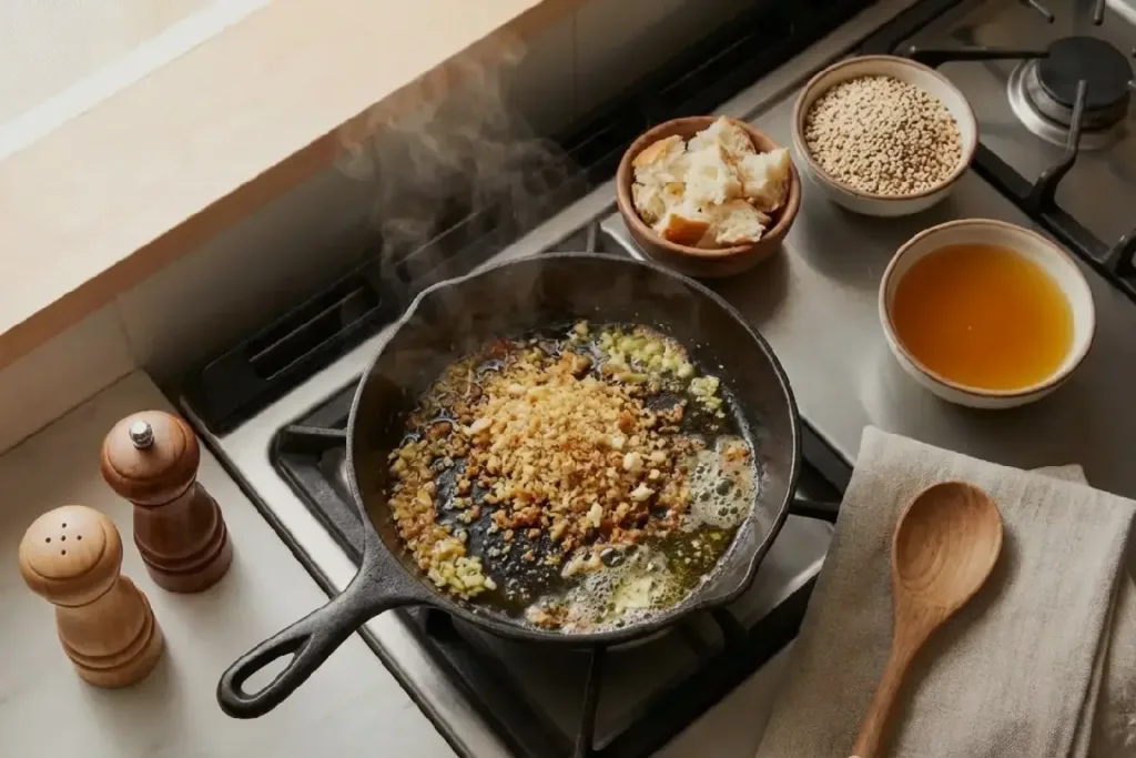 Toasting garlicky breadcrumbs in a small skillet on the stovetop