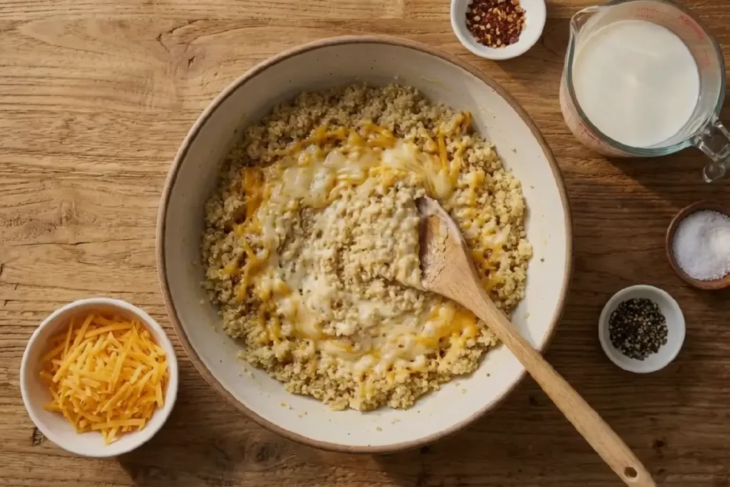 Cheesy quinoa being mixed with melted cheddar in a bowl