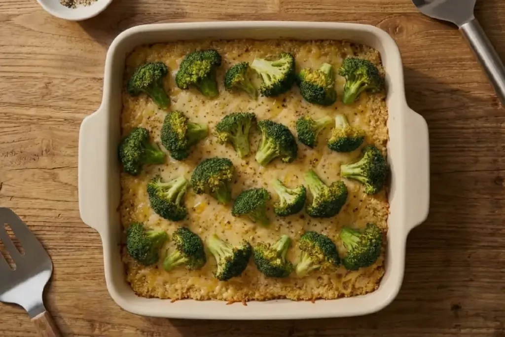 Cheesy quinoa base topped with roasted broccoli in a square baking dish