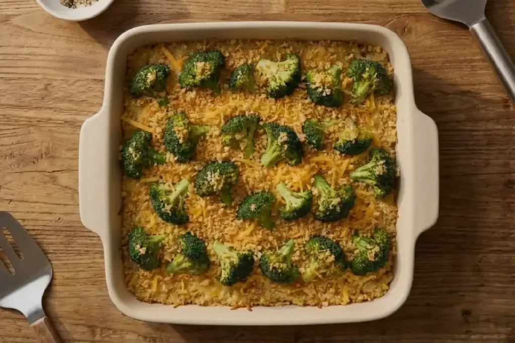 Casserole topped with cheddar and garlicky breadcrumbs before baking