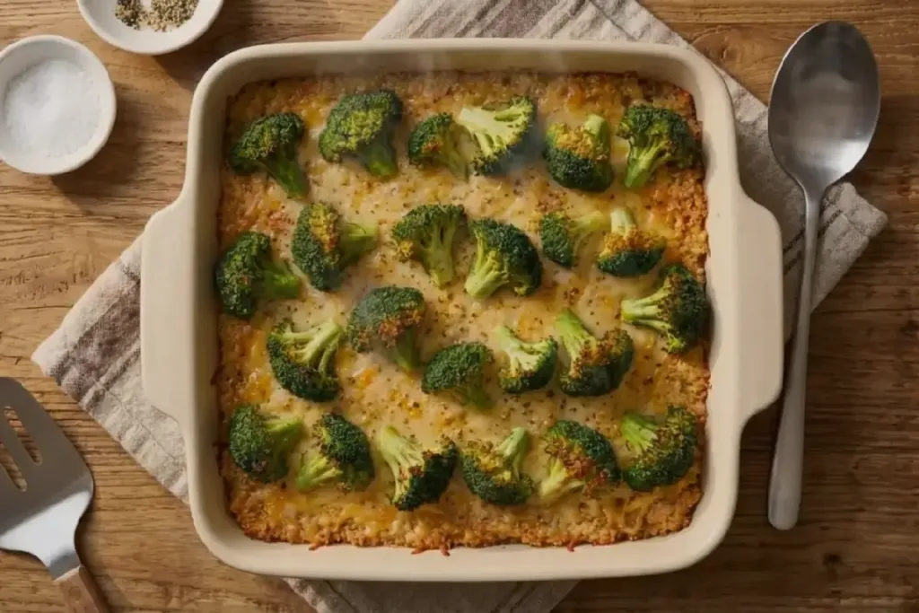 Golden baked Cheesy Broccoli Casserole resting in a square dish