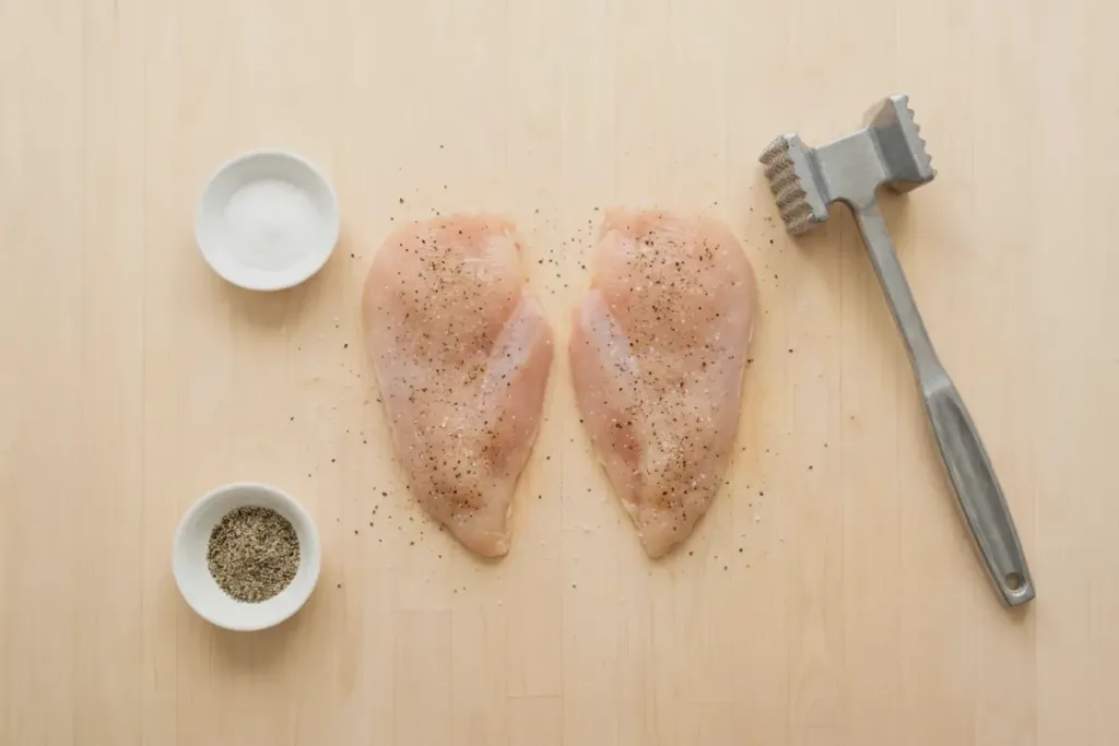 Healthy chicken breast: Melt-In-Your-Mouth, Mayo-Parmesan Bake Healthy chicken breast Raw chicken breasts seasoned with salt and pepper beside a meat tenderizer