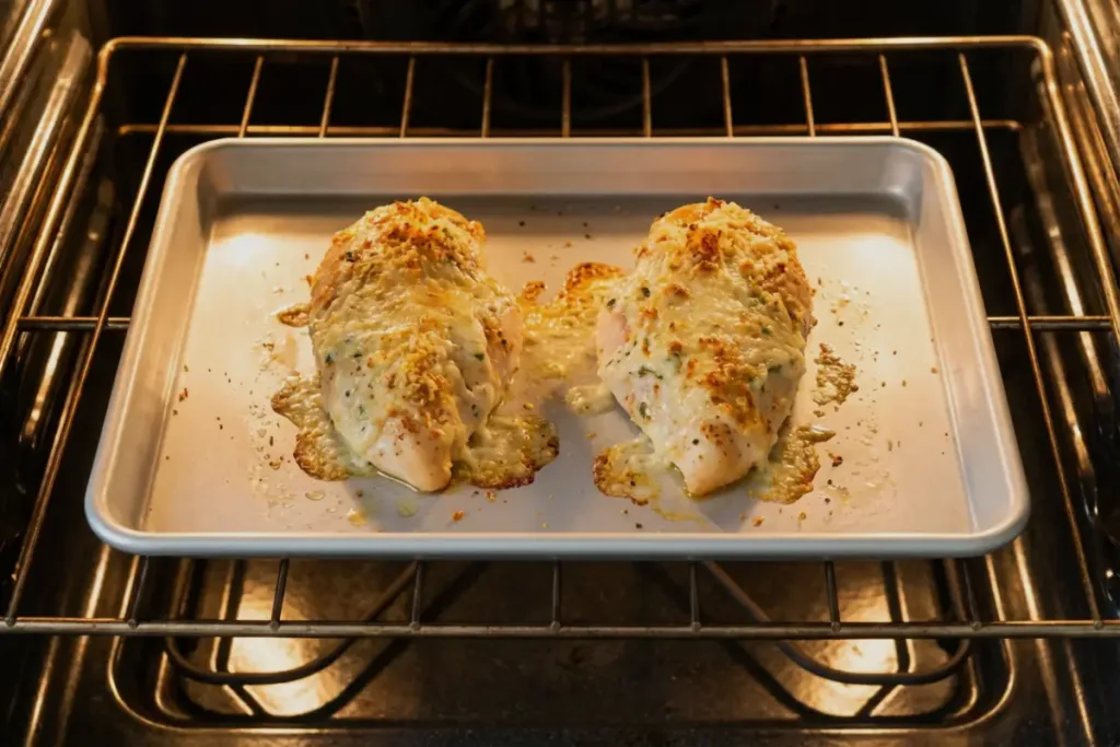 Healthy chicken breast: Melt-In-Your-Mouth, Mayo-Parmesan Bake Healthy chicken breast Chicken breasts baking in the oven with melted garlic Parmesan topping