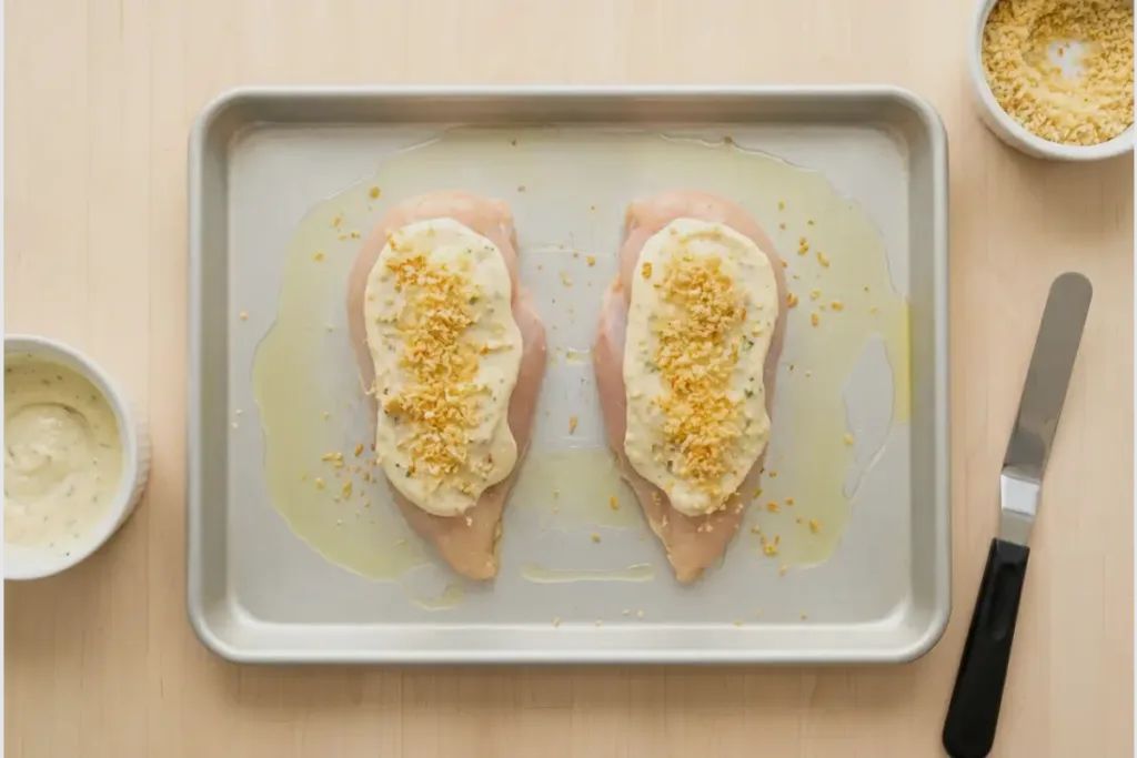 Healthy chicken breast: Melt-In-Your-Mouth, Mayo-Parmesan Bake Healthy chicken breast Raw chicken breasts topped with creamy garlic Parmesan mixture on a sheet pan