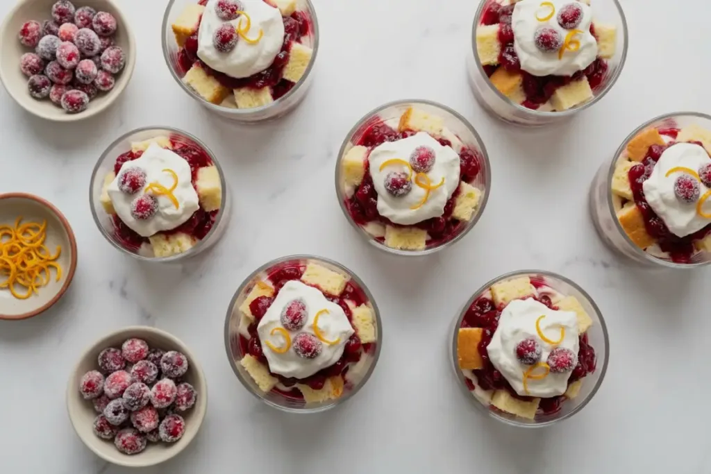 Garnishing finished Cranberry Trifle Cups
