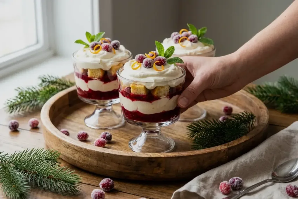 Serving Cranberry Trifle Cups on wooden tra