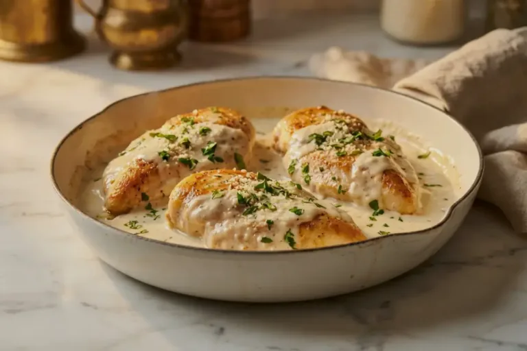 Creamy Ranch Chicken breasts simmered in rich creamy sauce in skillet