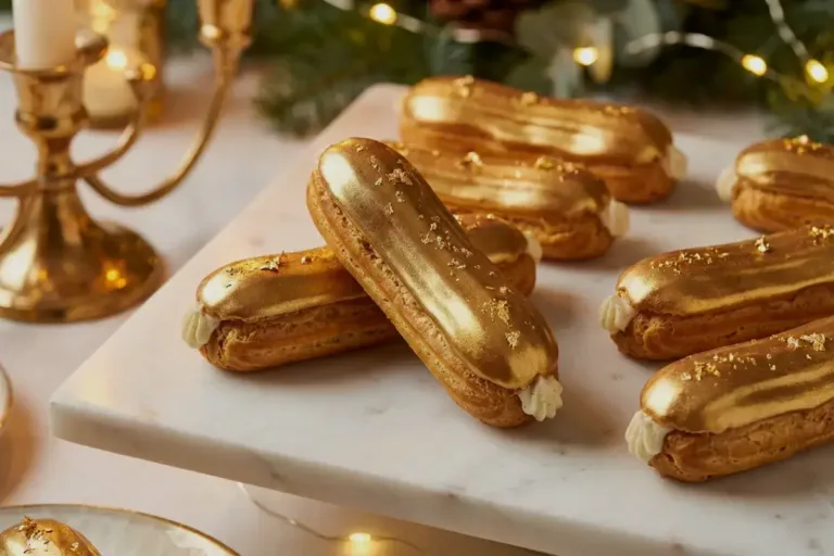 eclairs with gold glaze on a marble stand