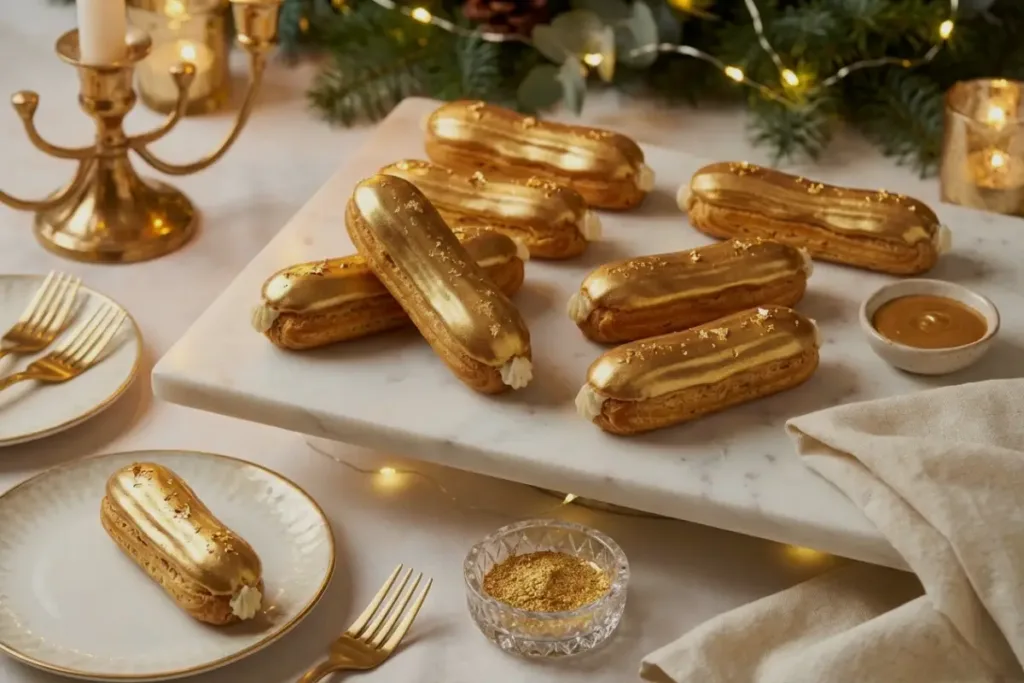 Eclairs with Gold Glaze (A Luminous Dessert with Gentle Sweetness) Eclairs with Gold Glaze Gold-glazed eclairs arranged on a marble serving stand