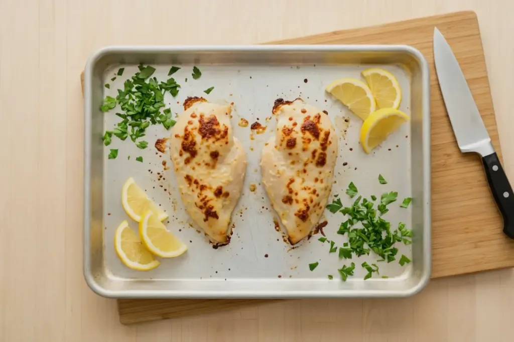 Healthy chicken breast: Melt-In-Your-Mouth, Mayo-Parmesan Bake Healthy chicken breast Freshly baked chicken breasts on a sheet pan with herbs and lemon wedges