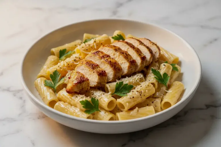 Garlic Parmesan Chicken Pasta: Creamy Weeknight Speed (Light, Satisfying) Garlic Parmesan Chicken Pasta Garlic Parmesan Chicken Pasta with sliced chicken over creamy rigatoni
