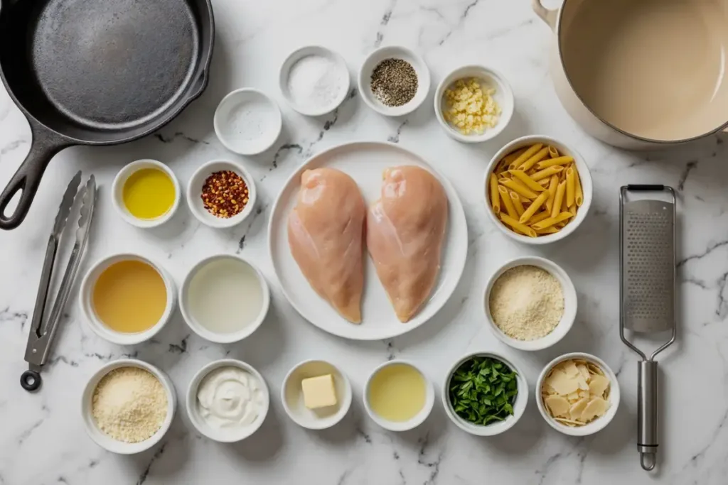 Garlic Parmesan Chicken Pasta: Creamy Weeknight Speed (Light, Satisfying) Garlic Parmesan Chicken Pasta Garlic Parmesan Chicken Pasta ingredients arranged on a marble surface