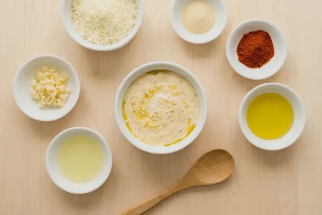 Healthy chicken breast: Melt-In-Your-Mouth, Mayo-Parmesan Bake Healthy chicken breast Garlic Parmesan seasoning mixture in a bowl surrounded by spices, oil, and lemon juice