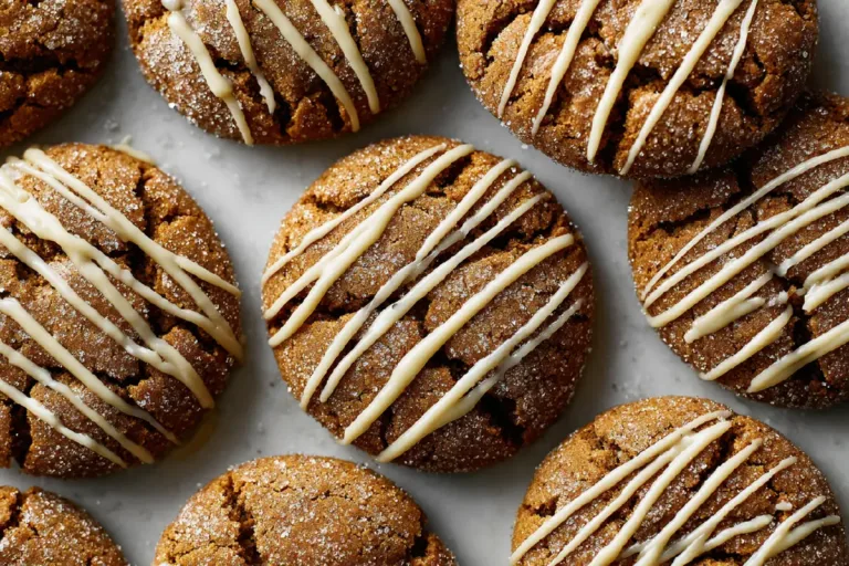 Gingerbread Latte Cookies with sugar crust and vanilla icing drizzle