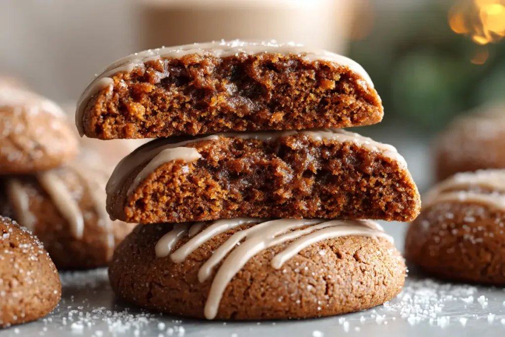 Soft iced ginger cookie broken open to show its moist, chewy center