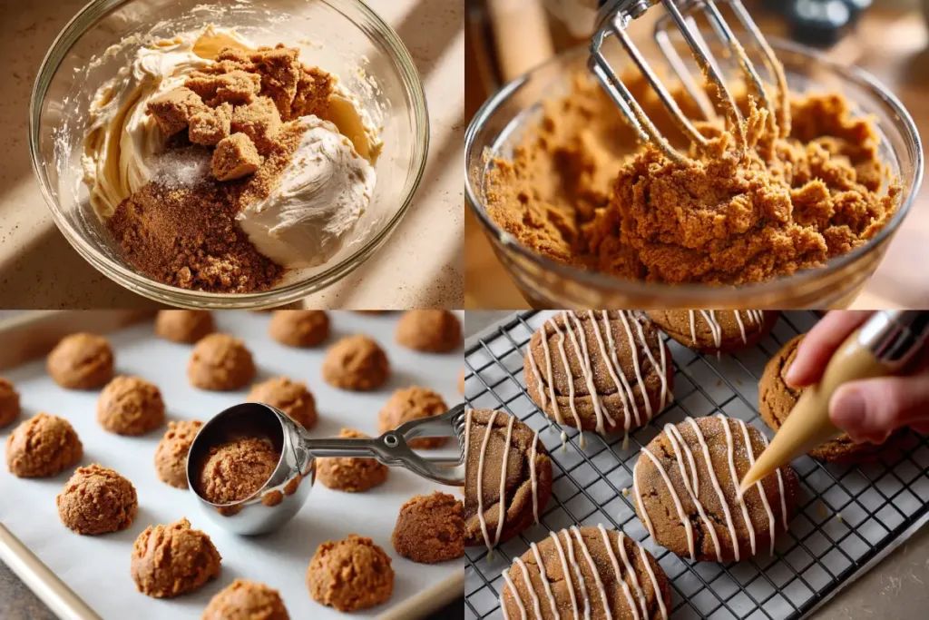 Step-by-step process of mixing, scooping, and icing spiced cookies