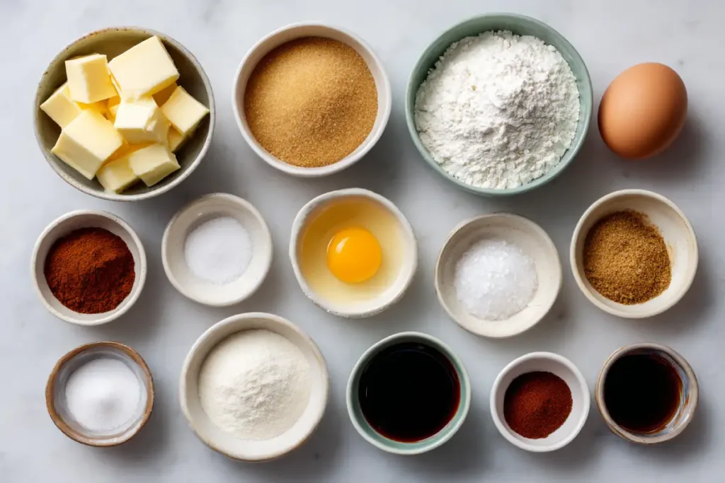 Baking ingredients in small bowls arranged on a marble surface