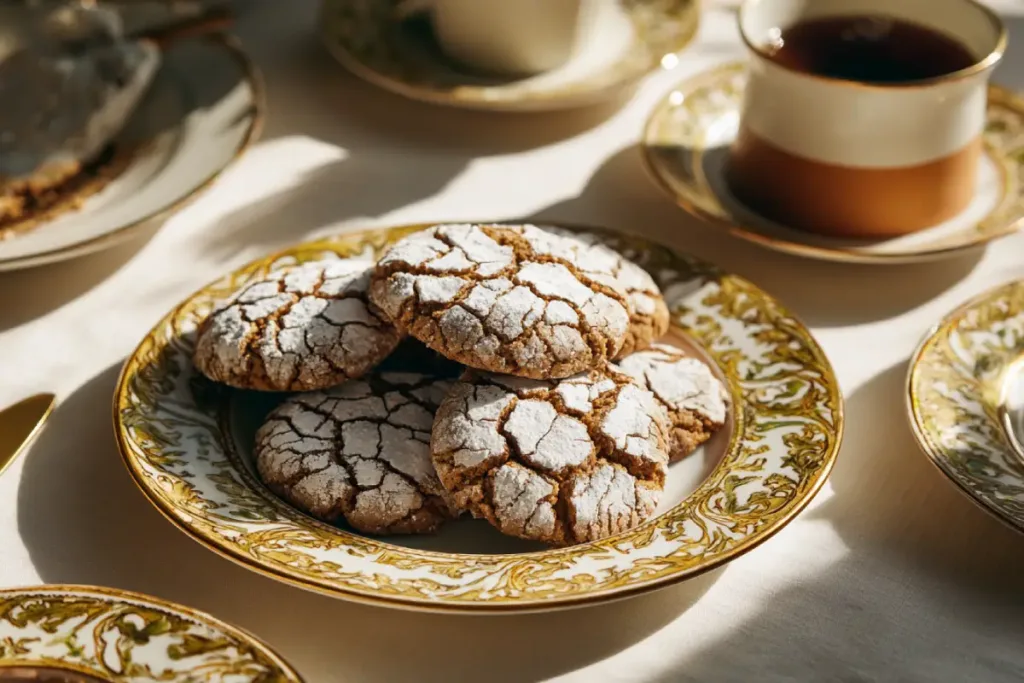 Crinkled spice cookies stacked on a gold trimmed plate with tea cups