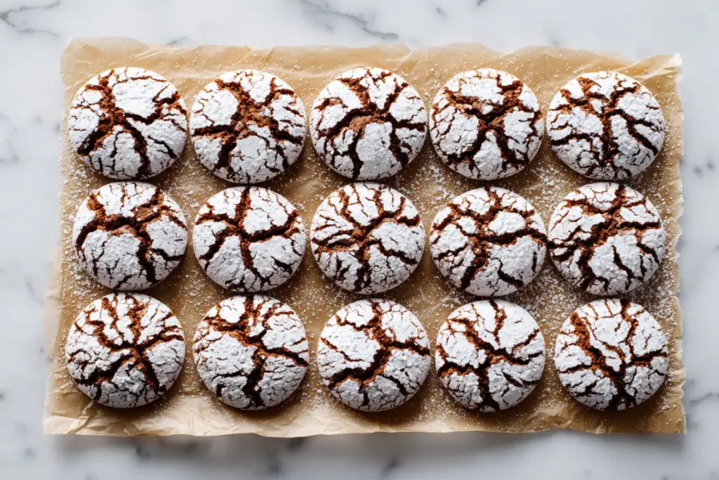 Tray of powdered crinkle cookies cooling on parchment paper
