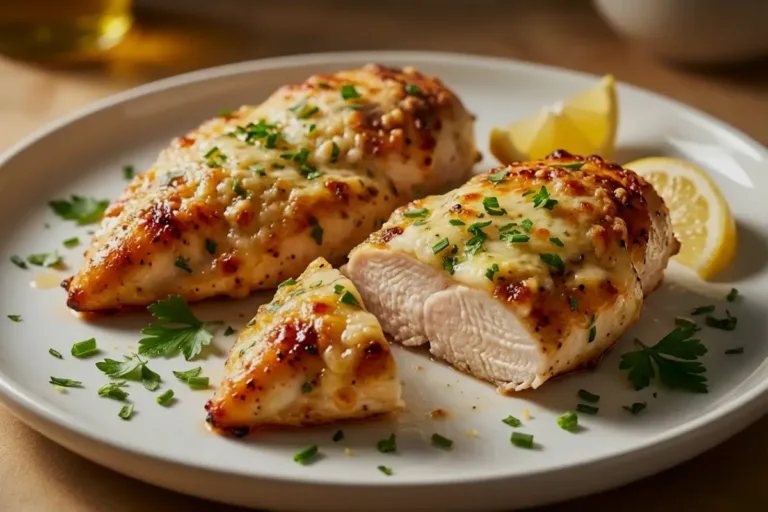 Juicy Healthy Chicken Breast topped with melted cheese and herbs on a white plate