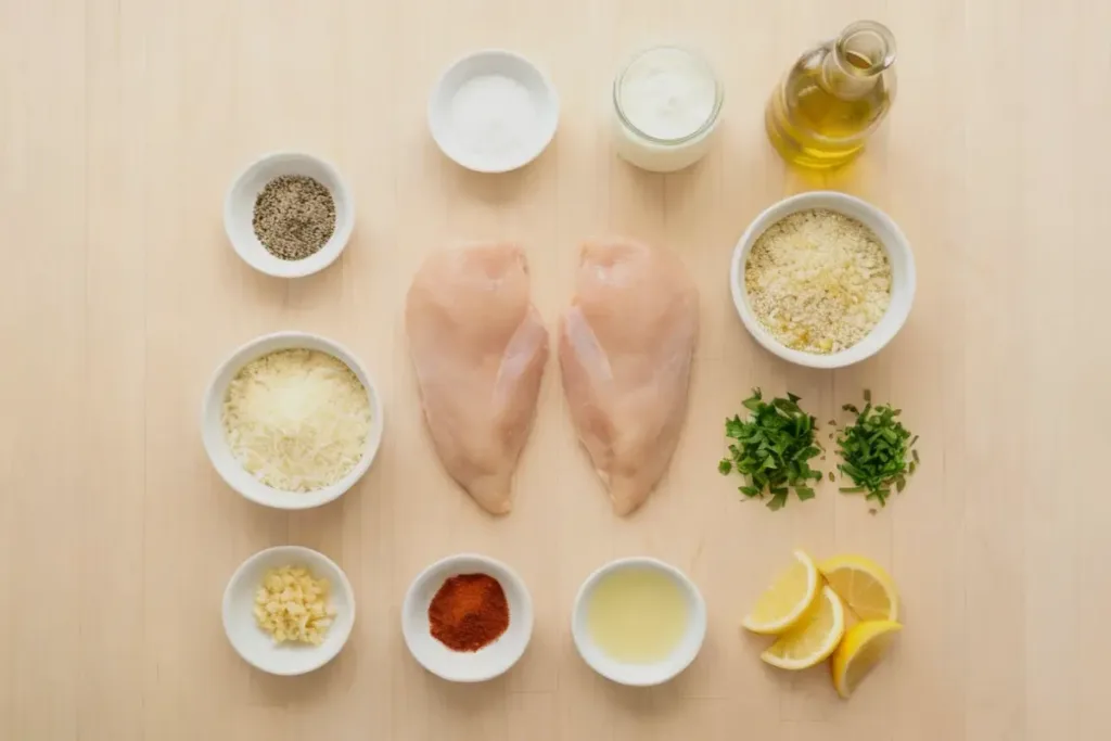 Healthy chicken breast: Melt-In-Your-Mouth, Mayo-Parmesan Bake Healthy chicken breast Raw chicken breasts with seasonings, herbs, cheese, breadcrumbs, and lemon arranged on a table