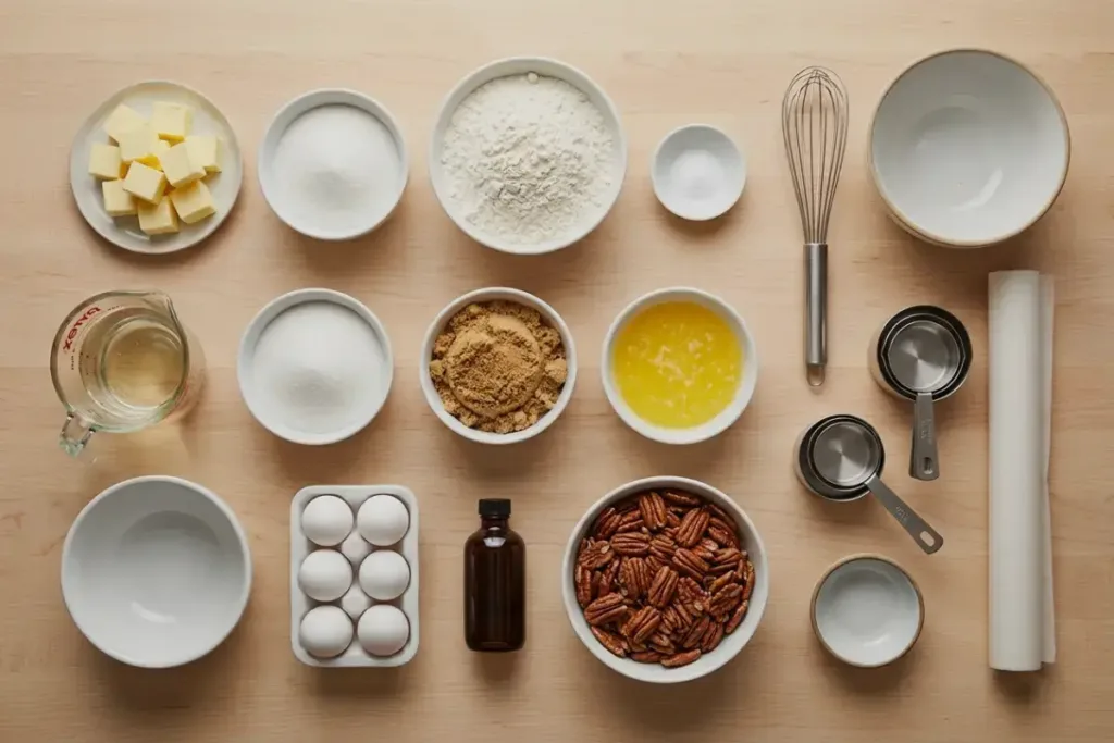 Pecan Pie Bars ingredients arranged in a top-down layout