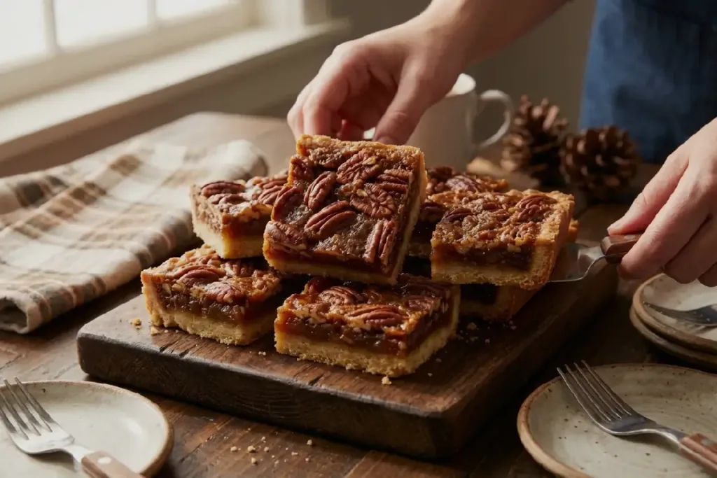 Easy Pecan Pie Bars served on a wooden board