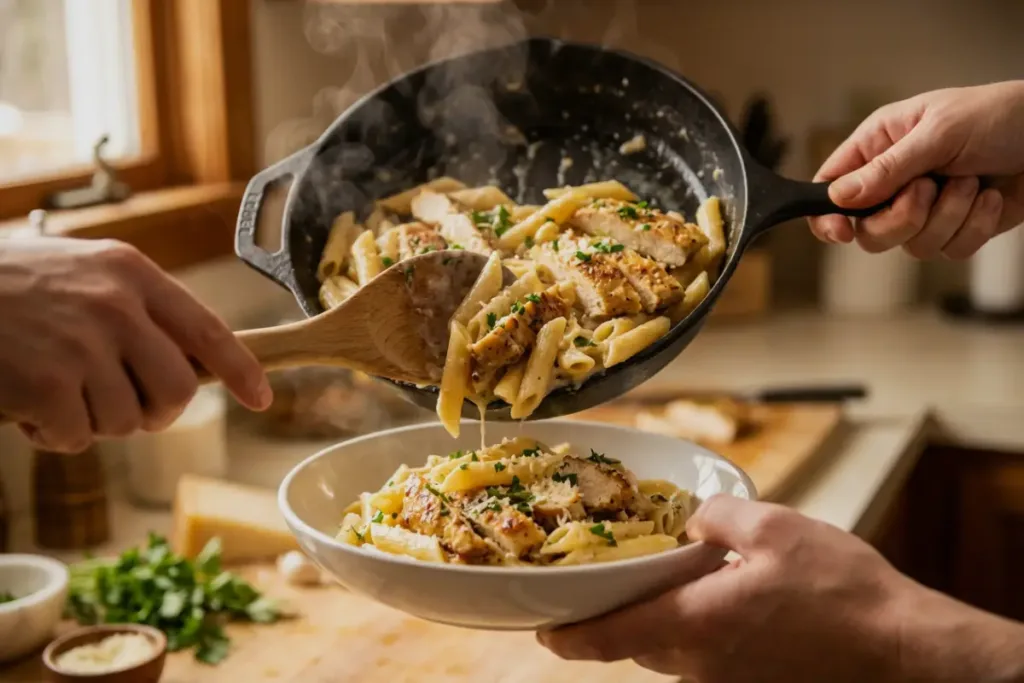 Garlic Parmesan Chicken Pasta: Creamy Weeknight Speed (Light, Satisfying) Garlic Parmesan Chicken Pasta Hands serving steaming Garlic Parmesan Chicken Pasta from skillet to bowl