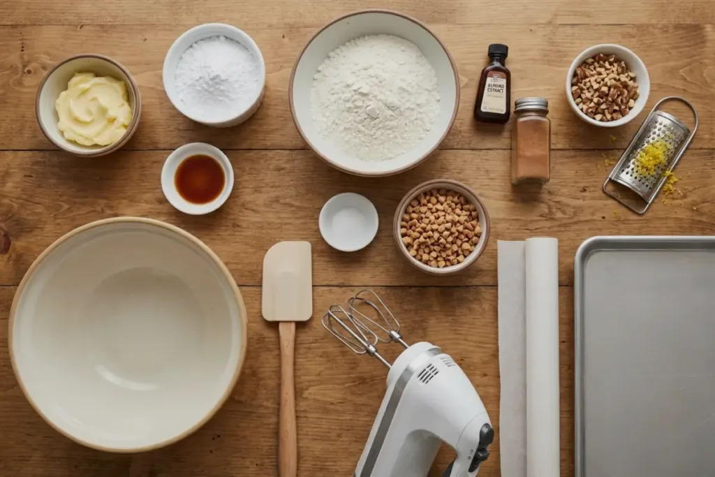 Toffee Shortbread Cookie ingredients on wooden surface