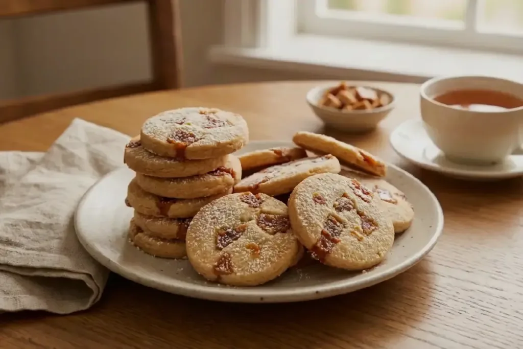 Toffee Shortbread Cookies on a sharing plate