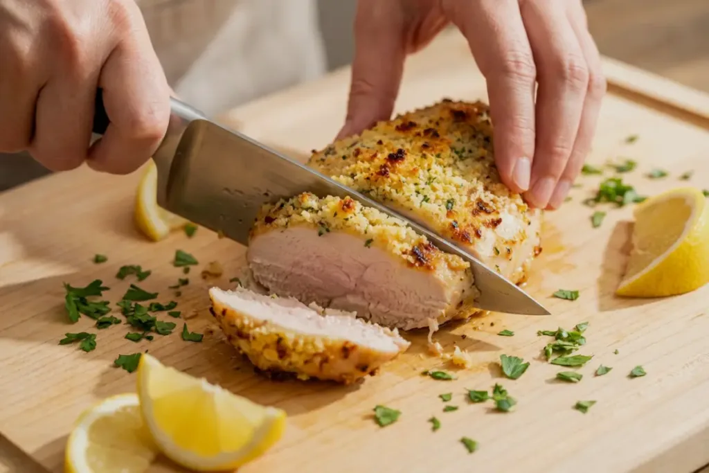 Healthy chicken breast: Melt-In-Your-Mouth, Mayo-Parmesan Bake Healthy chicken breast Hands slicing a baked chicken breast with a knife on a wooden cutting board