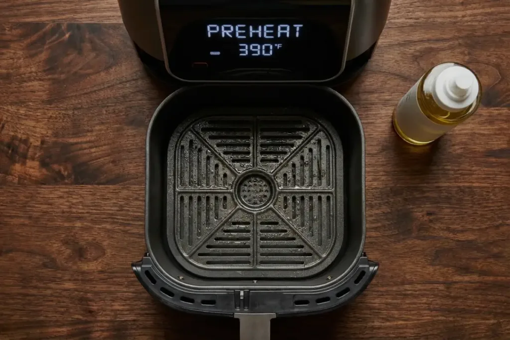 Air Fryer Maple Chicken Breast — Sticky-Sweet, Juicy, Fast Air Fryer Maple Chicken Breast Air fryer basket preheating to 390°F on a dark wooden surface with oil spray beside it