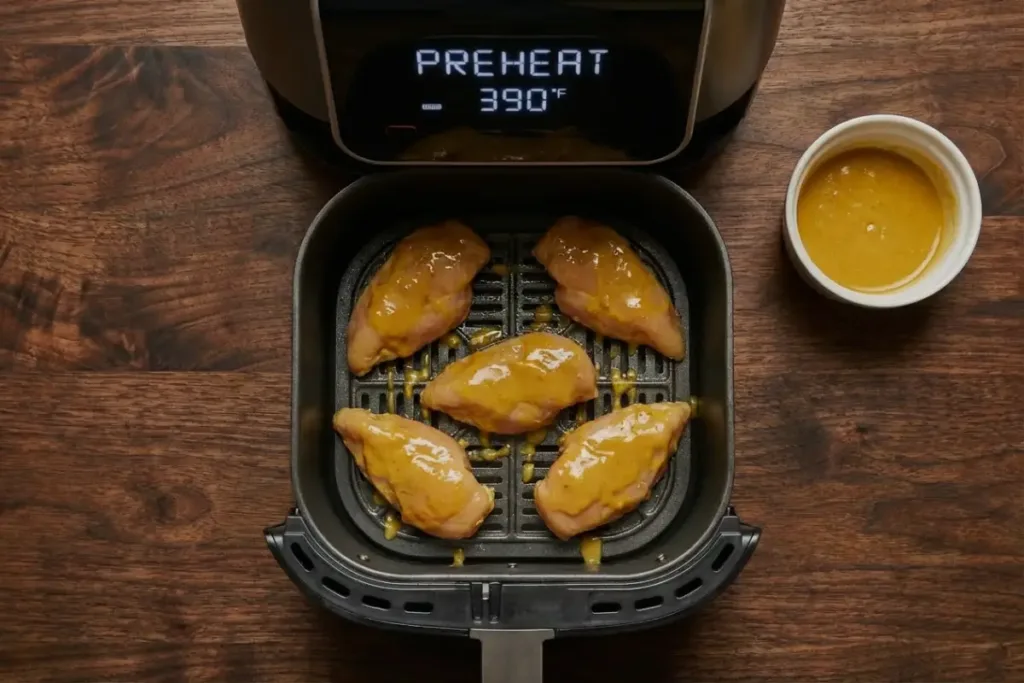 Air Fryer Maple Chicken Breast — Sticky-Sweet, Juicy, Fast Air Fryer Maple Chicken Breast Chicken breasts coated in marinade arranged in an air fryer basket before cooking