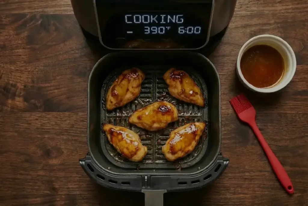 Air Fryer Maple Chicken Breast — Sticky-Sweet, Juicy, Fast Air Fryer Maple Chicken Breast Chicken breasts cooking in an air fryer basket with glaze and basting brush nearby