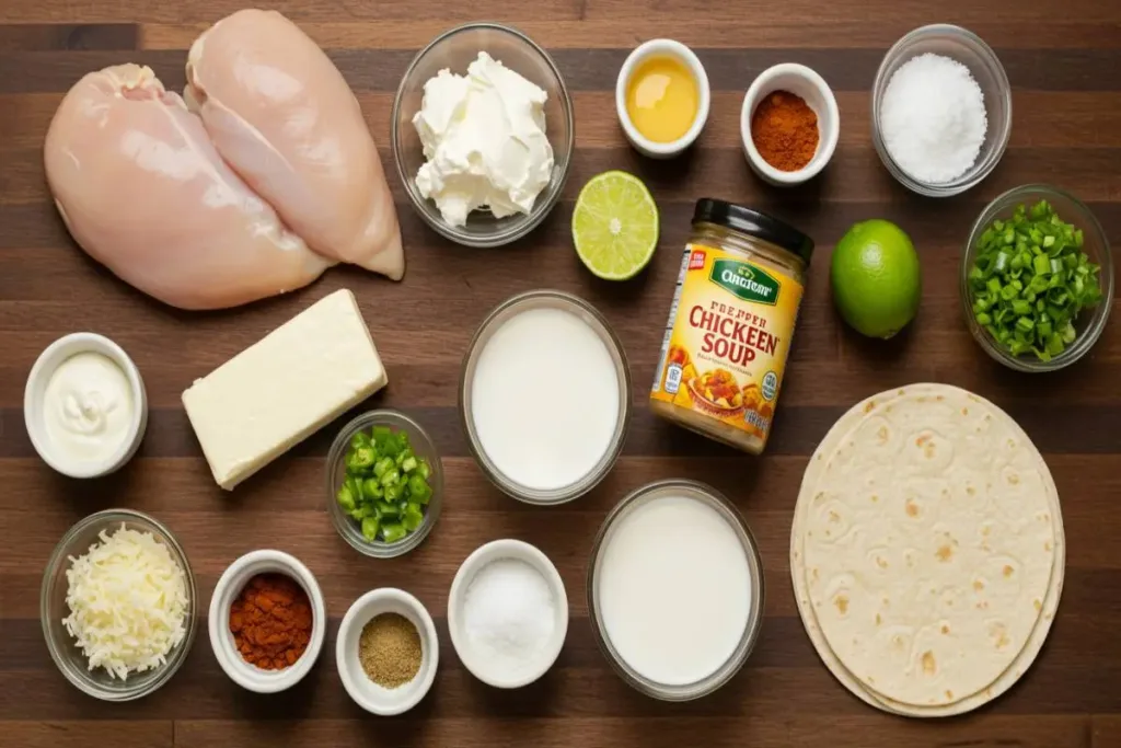 Creamy Chicken Enchiladas for Busy Nights Creamy Chicken Enchiladas Enchilada ingredients on wooden board