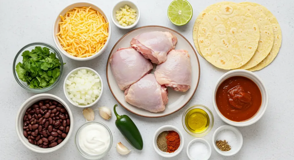 Chicken Enchilada Casserole for Weeknights Chicken Enchilada Casserole Enchilada casserole ingredients arranged overhead