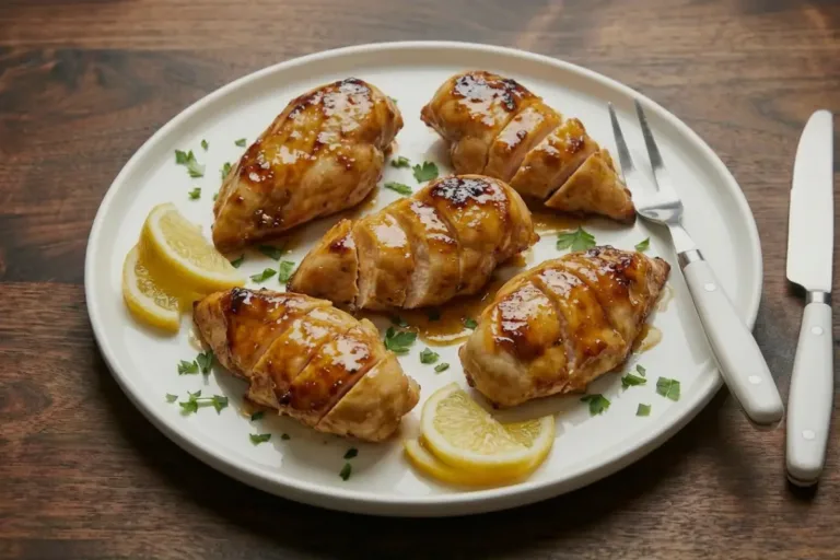Sliced Air Fryer Maple Chicken Breast served on a plate with lemon and herbs