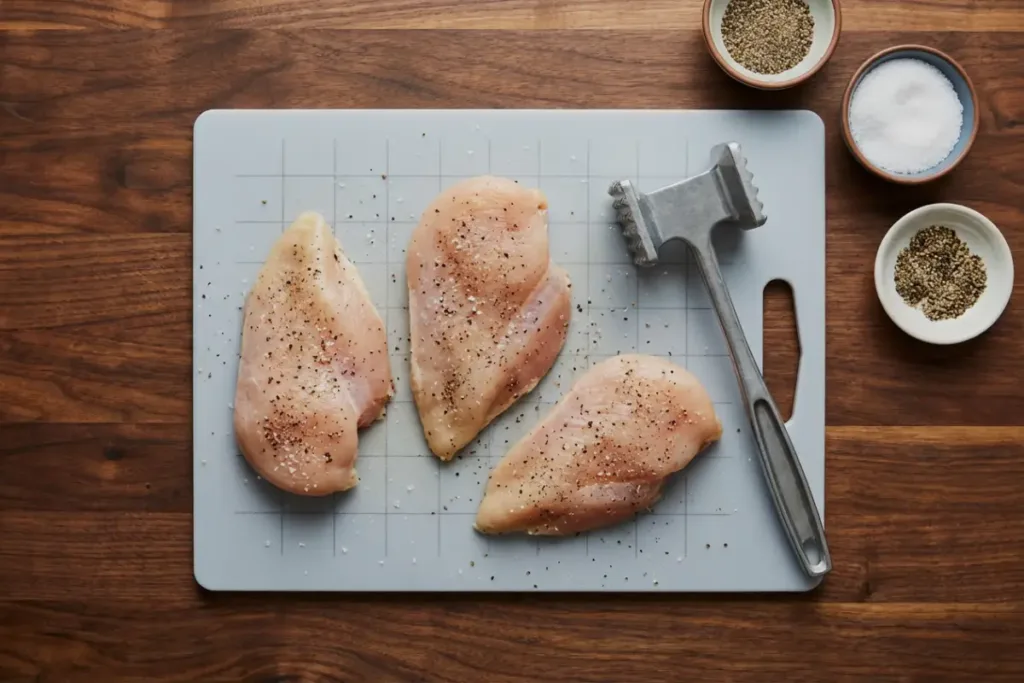 Air Fryer Maple Chicken Breast — Sticky-Sweet, Juicy, Fast Air Fryer Maple Chicken Breast Seasoned chicken breasts on board with meat mallet