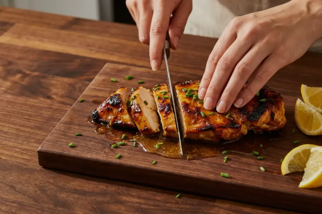 Air Fryer Maple Chicken Breast — Sticky-Sweet, Juicy, Fast Air Fryer Maple Chicken Breast Woman slicing glazed chicken breast on a wooden board with lemon wedges nearby