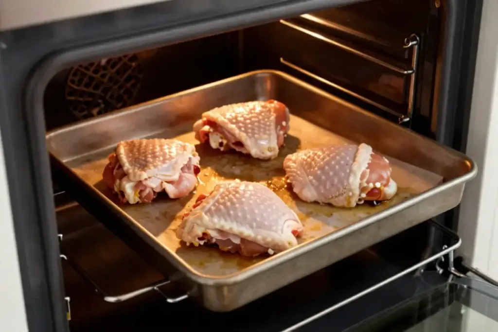 Crispy Oven Baked Chicken Thighs Crispy Oven Baked Chicken Thighs chicken thighs baking skin side up in oven