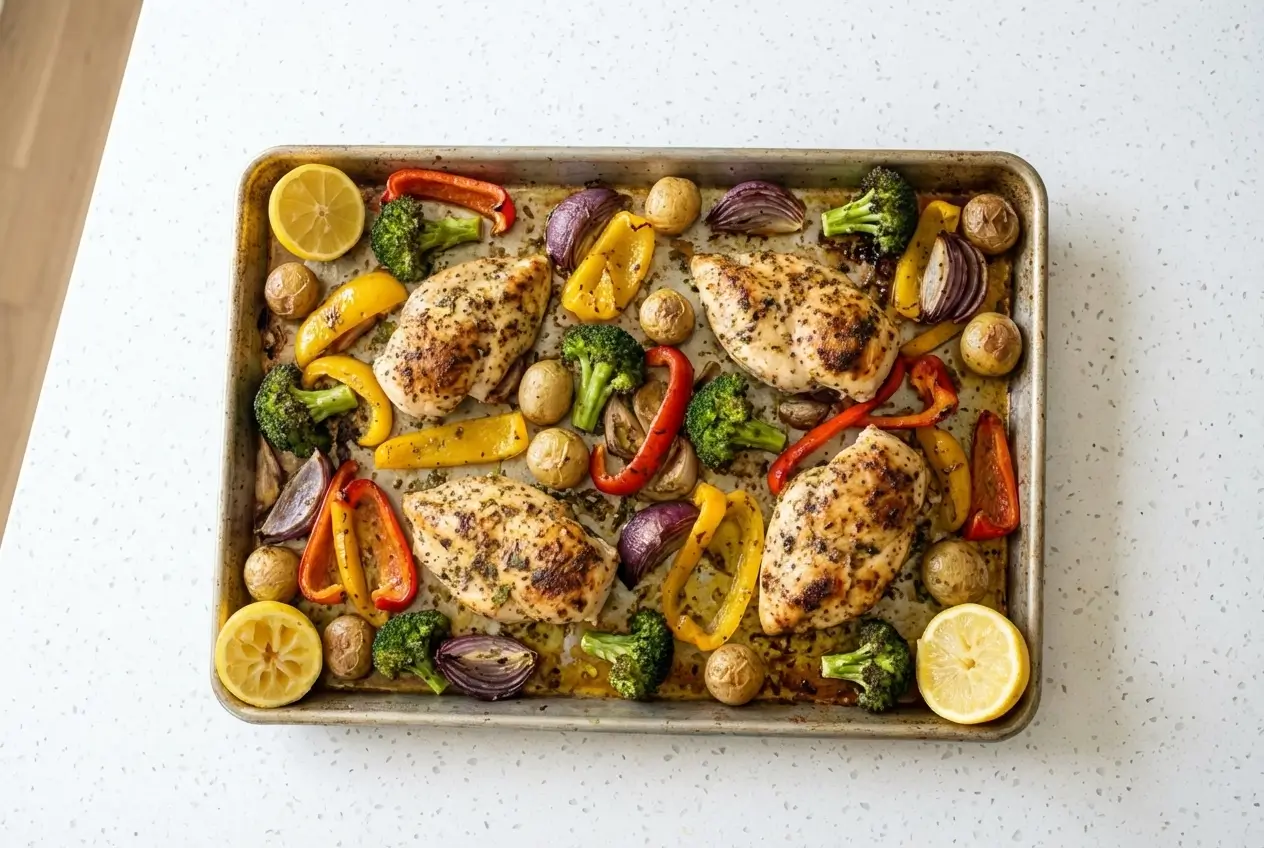 Sheet Pan Chicken and Veggies for Two (Healthy + Minimal Cleanup) healthy dinner recipes for two Broccoli florets added to the sheet pan near the end of roasting