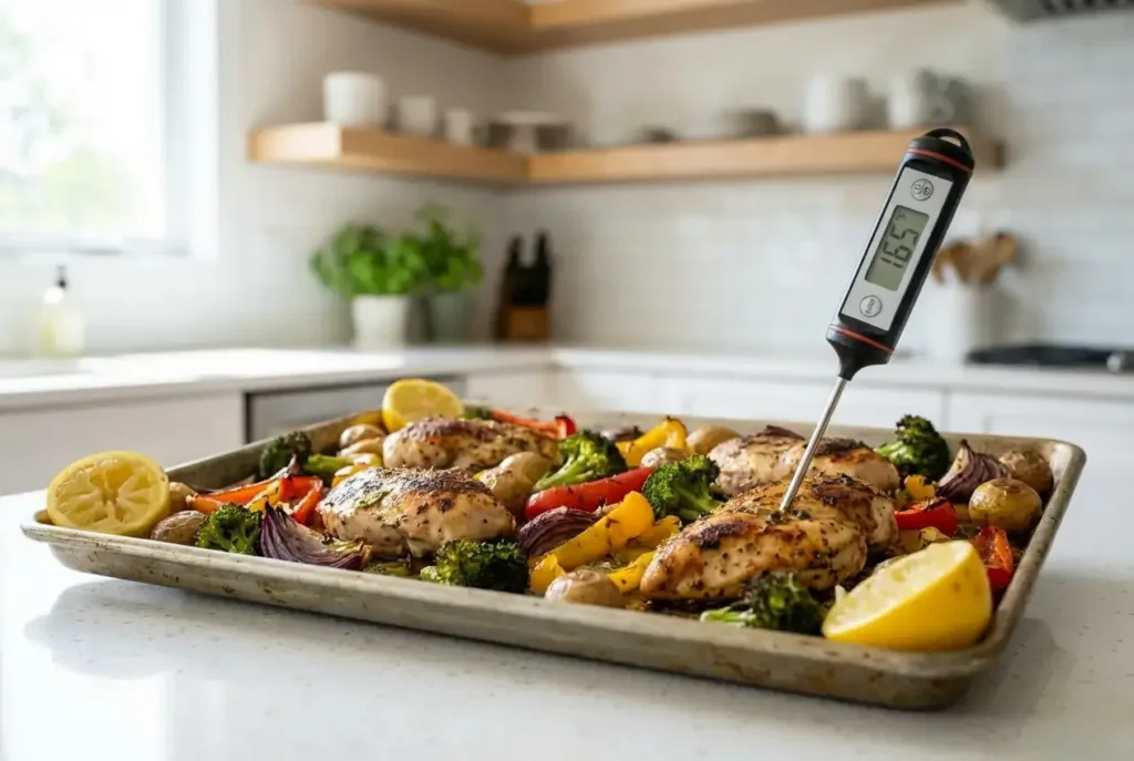 Sheet Pan Chicken and Veggies for Two (Healthy + Minimal Cleanup) healthy dinner recipes for two Thermometer checking chicken breast on a sheet pan for doneness