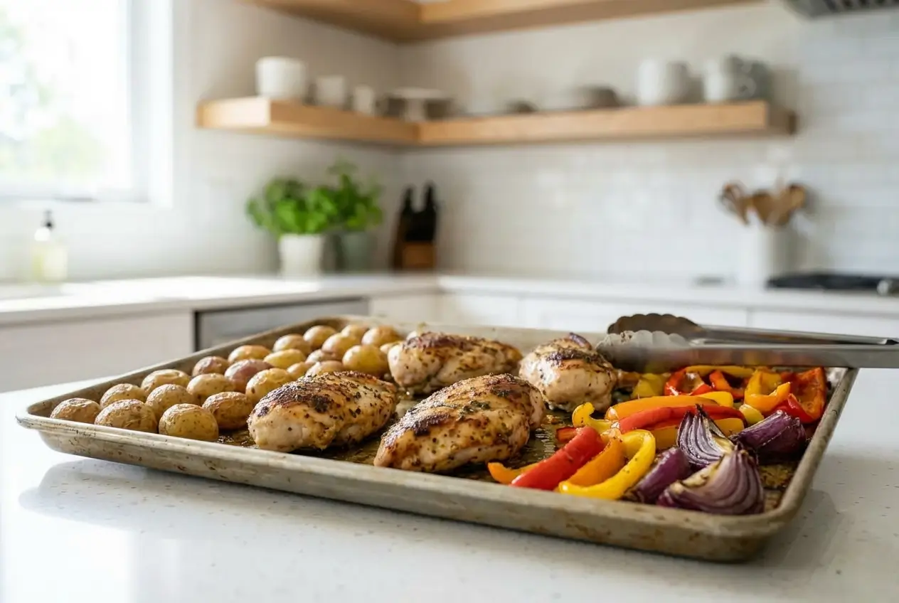 Sheet Pan Chicken and Veggies for Two (Healthy + Minimal Cleanup) healthy dinner recipes for two Chicken breasts and sliced peppers added to a sheet pan with roasting potatoes