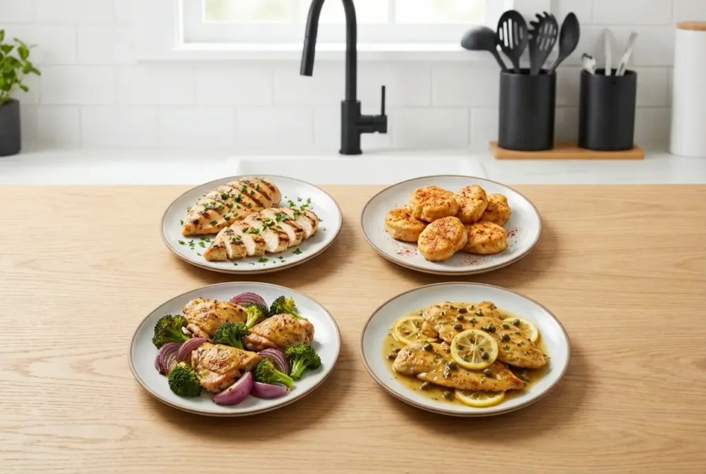 Healthy Chicken Breast Recipes: 9 Easy, High-Protein Dinners healthy chicken breast recipes Chicken breast cooking methods on plates in one kitchen scene