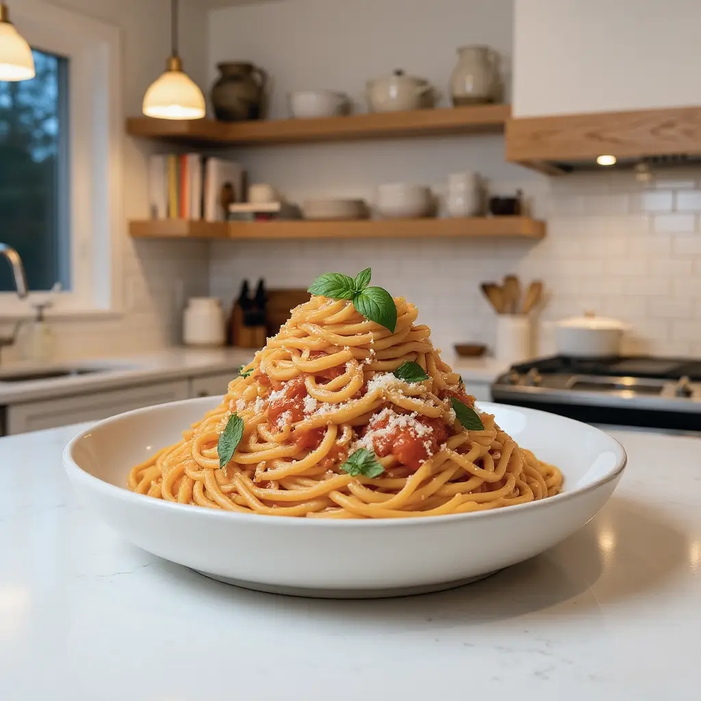Easy Dinner for One: Creamy Tomato Garlic Pasta (One Pan) easy dinner recipes for one Creamy tomato garlic pasta in a white bowl on a kitchen counter