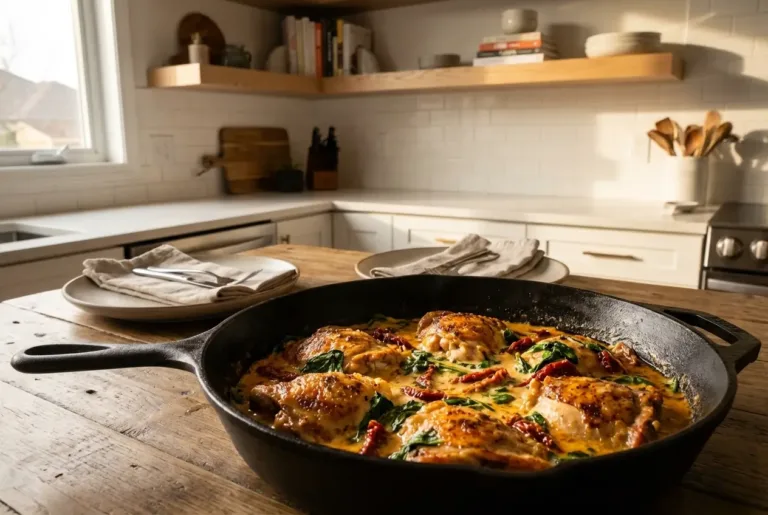Creamy Tuscan chicken in a skillet with spinach and sun-dried tomatoes