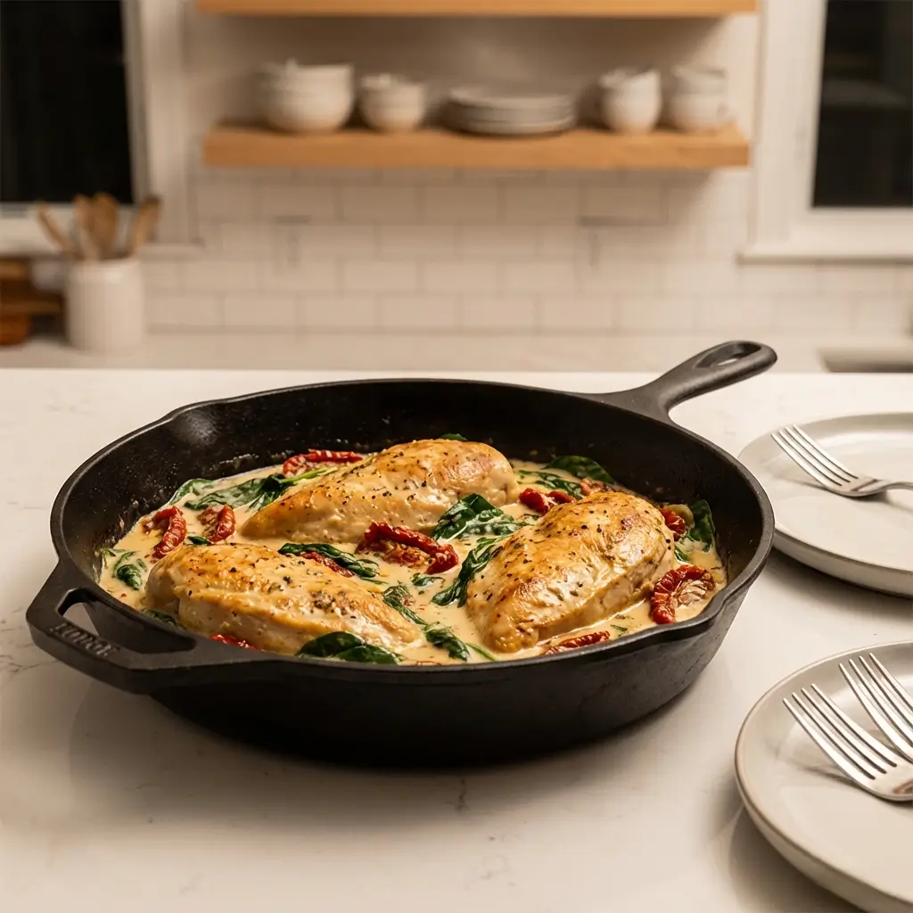 Creamy Tuscan Chicken for Two (No Wine, Date-Night Friendly) Valentine Dinner Ideas Creamy Tuscan chicken for two in a skillet with spinach