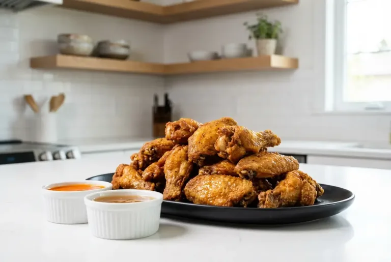 Crispy air fryer chicken wings with two quick sauces on a platter