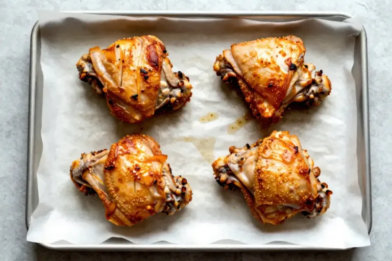 crispy oven baked chicken thighs with golden skin on baking sheet